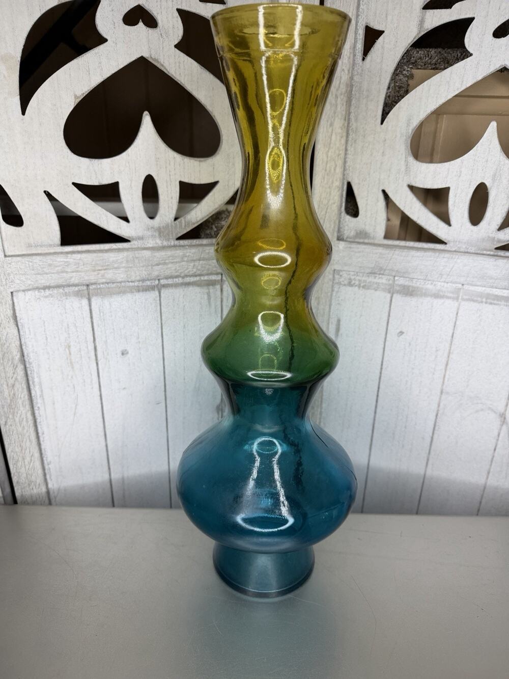 Atomic Retro Ombre Art Glass Vase Genie MCM Style Blue Yellow Flashed 19.5in